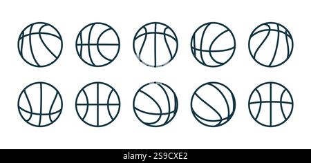 Delineare le icone della palla da basket. Set di simboli palline da basket. Illustrazione Vettoriale