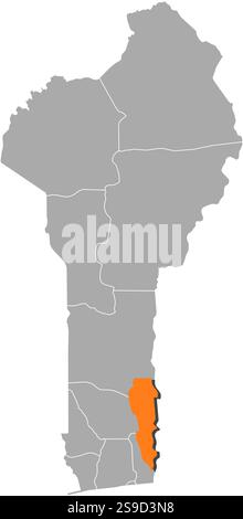 Mappa del Benin con le province, Plateau è evidenziato dall'arancione. Illustrazione Vettoriale