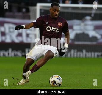 Tynecastle Park Edinburgh.Scotland.UK 25 gennaio 25 partita di premiership William Hill. Hearts vs Kilmarnock Hearts Elton Kabangu Foto Stock