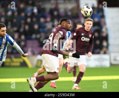 Tynecastle Park Edinburgh.Scotland.UK 25 gennaio 25 partita di premiership William Hill. Hearts vs Kilmarnock Hearts Elton Kabangu Foto Stock
