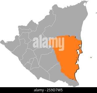 La mappa del Nicaragua con le province, regione Autonoma della costa dei Caraibi del Sud è evidenziata dall'arancione. Illustrazione Vettoriale