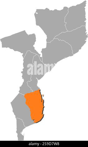Mappa del Mozambico con le province, Inhambane è evidenziata dall'arancione. Illustrazione Vettoriale