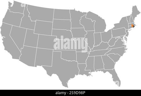 Mappa degli Stati Uniti con le province, Rhode Island è evidenziata dall'arancione. Illustrazione Vettoriale