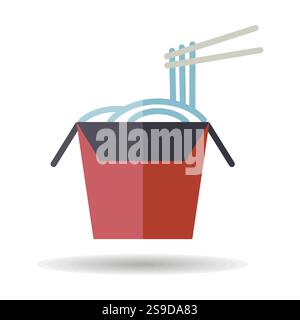 Noodle in una sottile casella di linea con l'icona del vettore di bacchette. Fast food segno. Simbolo grafico per la cottura di siti web e app design, logo, app, UI Illustrazione Vettoriale