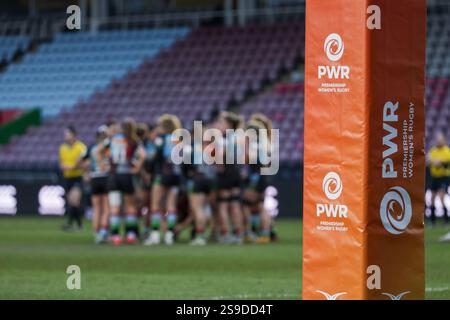 Londra, Regno Unito. 25 gennaio 2025. Harlequins Women vs Saracens Women Match a Twickenham Stoop per il Round 15 della Premiership Women's Rugby 2024/25. Regno Unito ©️ Elsie Kibue Foto Stock