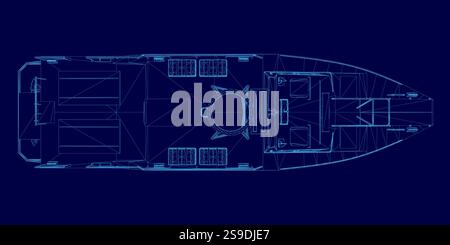 Disegno blu di una barca con sfondo blu. La barca è mostrata in modo molto dettagliato, con l'interno della barca e il ponte chiaramente visibili. Illustrazione Vettoriale