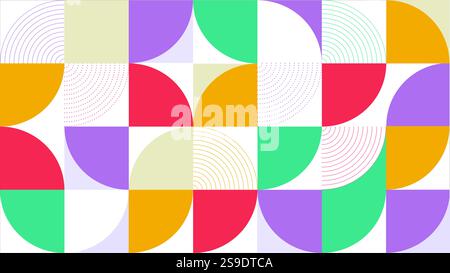 Sfondo geometrico moderno con forme astratte di ispirazione scandinava e rettangoli, quadrati e cerchi in stile svizzero. Illustrazione Vettoriale