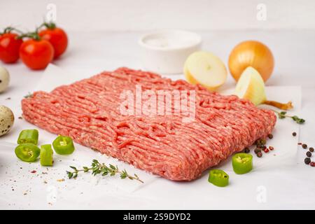 Carne macinata fresca con spezie su fondo bianco Foto Stock