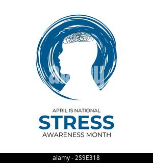 Mese nazionale di sensibilizzazione allo stress. Design vettoriale di Holiday Concept. Progettazione per banner, biglietti, stampe, social media, poster, volantino e design dello sfondo. Illustrazione Vettoriale