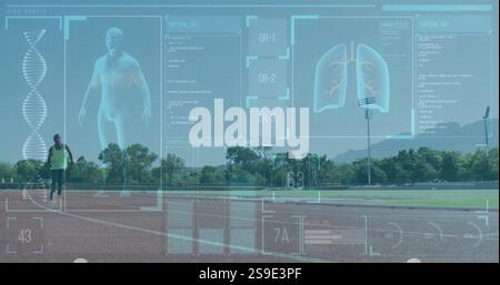 Dati medici e immagine dell'anatomia umana sullo sfondo di tracciati sportivi all'aperto Foto Stock