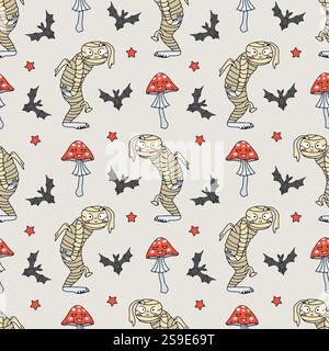 Motivo senza cuciture con simpatiche mummie di Halloween disegnate a mano e funghi velenosi Illustrazione Vettoriale