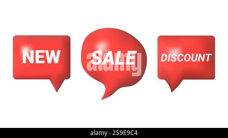 Il linguaggio 3D bolle l'icona del messaggio di forme diverse. Invia un messaggio di sconto sui nuovi sconti. Per poster pubblicitari sui social media. Set isolato vettoriale. Illustrazione Vettoriale