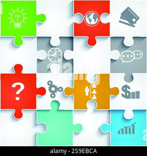 Parti di puzzle della carta con icone. Concetto aziendale, interfaccia modello, layout Illustrazione Vettoriale