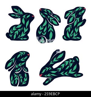 Set vettoriale di clip art di lepri in stile folk art. Collezione di conigli pasquali con ornamenti floreali isolati dallo sfondo. Coniglietti monocromatici Illustrazione Vettoriale