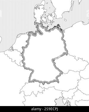 Mappa della Germania e dei paesi vicini in bianco e nero, la Germania è evidenziata da una schiusa. Illustrazione Vettoriale