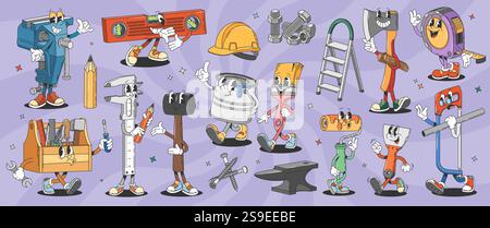 Personaggi cartoon retro Groovy Repair e strumenti fai da te. Divertente martello psichedelico, casco e cassetta degli attrezzi personaggi vettoriali di costruzioni, costruzioni e Ren Illustrazione Vettoriale
