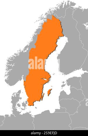 Mappa della Svezia e dei paesi vicini, la Svezia è evidenziata in arancione. Illustrazione Vettoriale