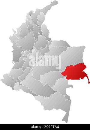 Mappa della Colombia con le province, riempite con un gradiente lineare, Guainia è evidenziata. Illustrazione Vettoriale