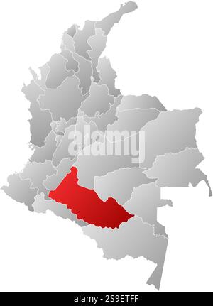 Mappa della Colombia con le province, riempite con un gradiente lineare, Caqueta è evidenziata. Illustrazione Vettoriale