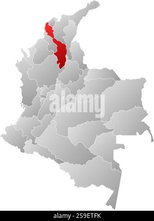 Mappa della Colombia con le province, riempite con un gradiente lineare, Bolivar è evidenziato. Illustrazione Vettoriale