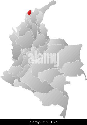 Mappa della Colombia con le province, riempite con un gradiente lineare, Atlantico è evidenziata. Illustrazione Vettoriale