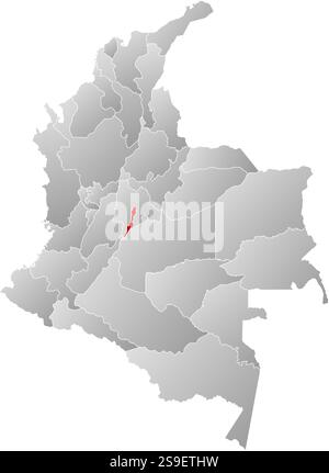 Mappa della Colombia con le province, riempite con un gradiente lineare, Bogotà è evidenziata. Illustrazione Vettoriale