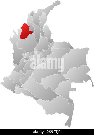Mappa della Colombia con le province, riempite con un gradiente lineare, Cordoba è evidenziata. Illustrazione Vettoriale