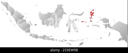 Mappa dell'Indonesia con le province, riempite con un gradiente lineare, Maluku settentrionale è evidenziata. Illustrazione Vettoriale