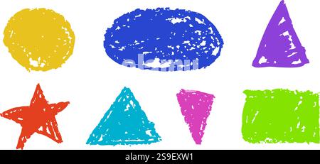 Set di forme geometriche astratte di base disegnate con carbone colorato. Collezione di cornici per preventivi di vernice disegnate a mano. Set di bolla vocale colorata vuota Illustrazione Vettoriale