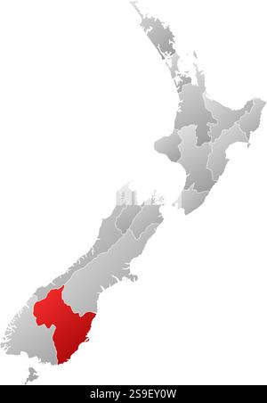 Mappa della nuova Zelanda con le province, riempite con un gradiente lineare, Otago è evidenziato. Illustrazione Vettoriale