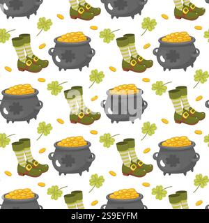 St. Patricks Day, motivo senza cuciture, trifoglio, vaso d'oro, zoccoli Illustrazione Vettoriale