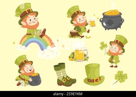 Clip art per il giorno di San Patrizio, simpatico set di leprechaun, cappello, birra e trifoglio Illustrazione Vettoriale