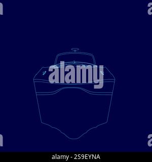 Disegno della linea blu di una barca. La barca viene mostrata lateralmente ed è di fronte a una barca Illustrazione Vettoriale