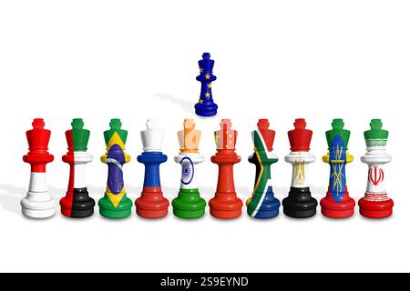 BRICS è un gruppo di potenti stati emergenti. Scacchi fatti con bandiere di paesi dell'UE e BRICS Foto Stock