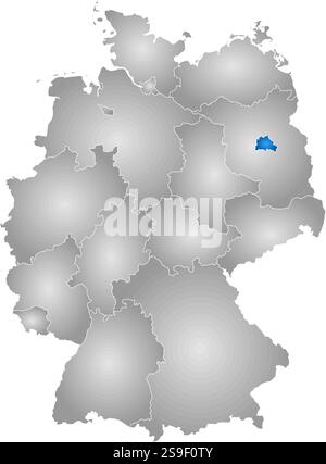 Mappa della Germania con le province, riempite con una pendenza radiale, Berlino è evidenziata. Illustrazione Vettoriale