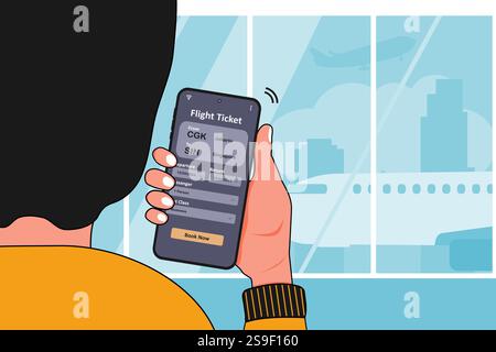 Uomo in aeroporto con uno smartphone per prenotare un biglietto aereo. Concetto di prenotazione online dei biglietti. Illustrazione vettoriale. Illustrazione Vettoriale