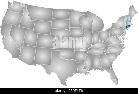 Mappa degli Stati Uniti con le province, riempite con un gradiente radiale, Connecticut è evidenziato. Illustrazione Vettoriale