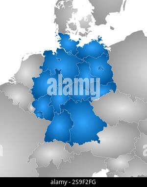 Mappa della Germania con le province e i paesi vicini, riempita con una pendenza radiale. Illustrazione Vettoriale