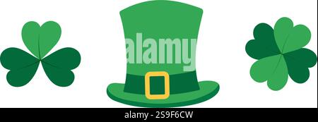 Leprechaun Hat, Shamrock e Quatrefoil. Il saluto del giorno di San Patrizio elemento di design concetto minimalismo. Illustrazione vettoriale isolata biglietti d'auguri o tematici, banner promozionali per etichette o Web, opuscoli, prezzo Illustrazione Vettoriale