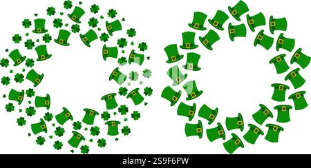 Cappello di leprechaun, quadrifoglio, Shamrock e cornici circolari con cuori decorativi. Modello per il giorno di San Patrizio. Illustrazione vettoriale isolata biglietti di auguri o tematici, prezzo, etichetta o banner promozionale Web, opuscoli Illustrazione Vettoriale