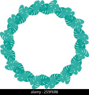 Monstera lascia il bordo circolare della cornice in verde monocromatico. Concetto modello spazio di copia minimalista. Illustrazione vettoriale isolata schede tematiche, opuscoli, brochure, prezzi, banner promozionali per etichette o Web Illustrazione Vettoriale