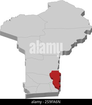 Mappa del Benin come un pezzo grigio, Plateau è evidenziato in rosso. Illustrazione Vettoriale