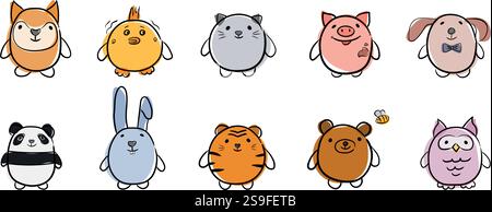 Scarabocchi di animali carini: Tigre, volpe, orso, panda, pollo, owl, maiale, coniglio. Design carino per libri per bambini e pagine da colorare Illustrazione Vettoriale