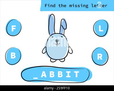 Trova la lettera mancante con il coniglio cartoni animati. Gioco educativo per bambini. Foglio di lavoro di ortografia in lingua inglese per bambini in età prescolare Illustrazione Vettoriale