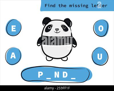 Trova la lettera mancante con il panda dei cartoni animati. Gioco educativo per bambini. Foglio di lavoro di ortografia in lingua inglese per bambini in età prescolare Illustrazione Vettoriale