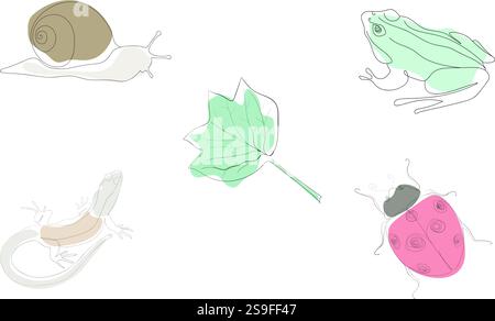 Illustrazione vettoriale in stile lineare. Illustrazione astratta con animali e piante - rana, lucertola, coccinella, lumaca e foglia. Vettore per la progettazione Illustrazione Vettoriale