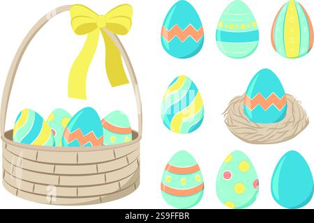 Set di uova di Pasqua con cestino e nido Illustrazione Vettoriale