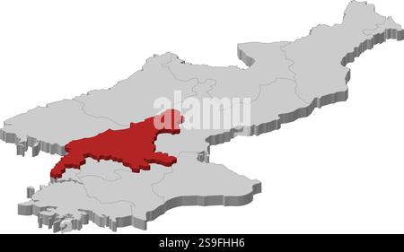 Mappa della Corea del Nord come un pezzo grigio, Sud Pyongan è evidenziato in rosso. Illustrazione Vettoriale