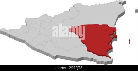 Mappa del Nicaragua come pezzo grigio, regione Autonoma della costa dei Caraibi del Sud è evidenziata in rosso. Illustrazione Vettoriale