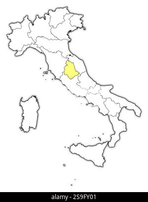 Mappa dell'Italia con le province, l'Umbria è evidenziata in giallo. Illustrazione Vettoriale